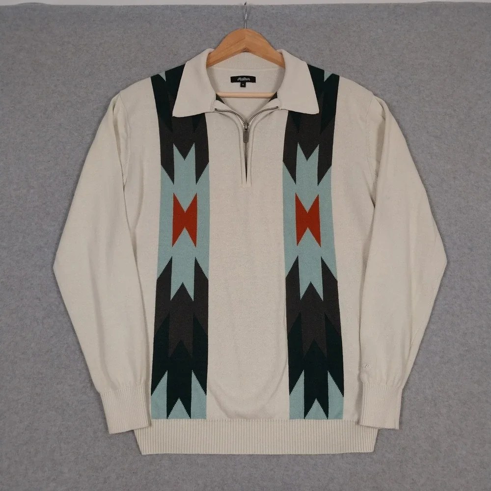 Malbon Sweater Mens Small Cream Quarter Zip Sundance Intarsia Knit Aztec Polo